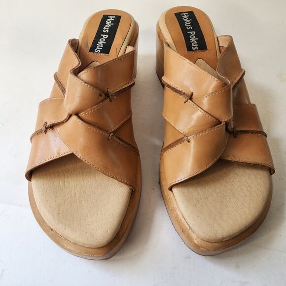 Vtg 90's Y2K Hokus Pokus Wooden Wedge Sandals Size 11M Brown Leather Woven - Picture 3 of 10